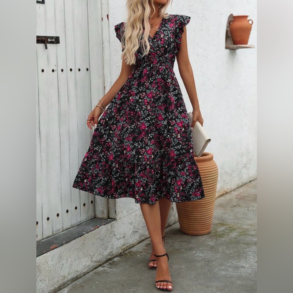 SHEIN Women's Black Floral Midi Dress Sz L